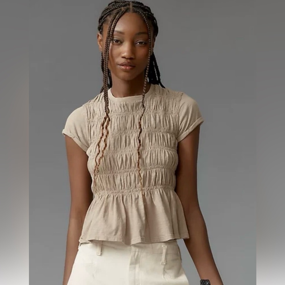Pilcro Beige Smocked Peplum Cap-Sleeve Top